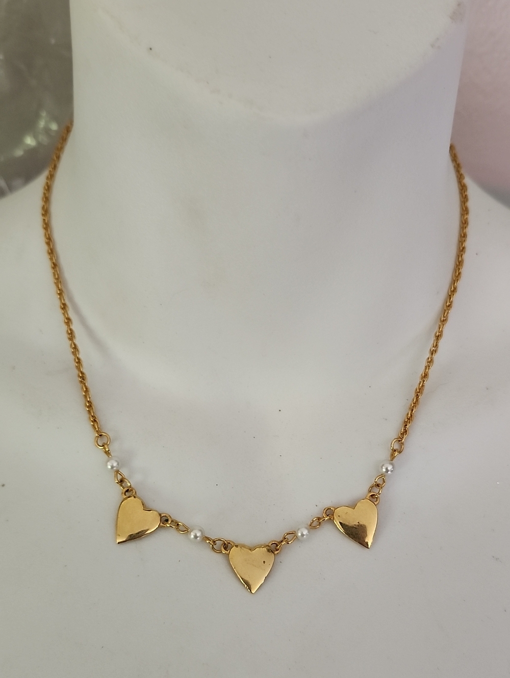 Gold Tone Triple Heart Pendant Necklace with Faux Seed Pearls
